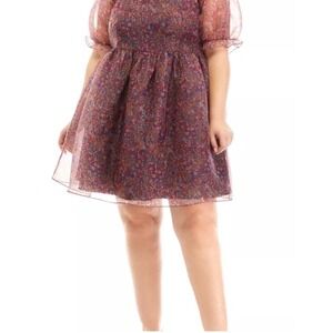 English Factory Floral Puff Sleeve Babydoll Mini Dress Multi Color Smocked Back